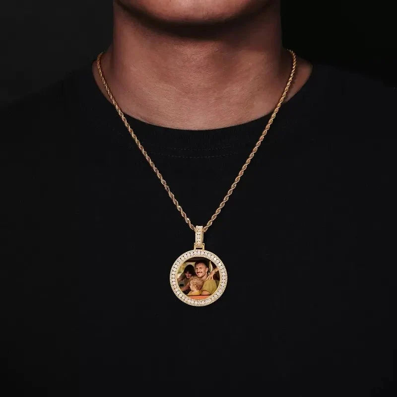 18k Gold Double Row Micro-Inlaid 3D Custom Photo Round Pendant - 40mm