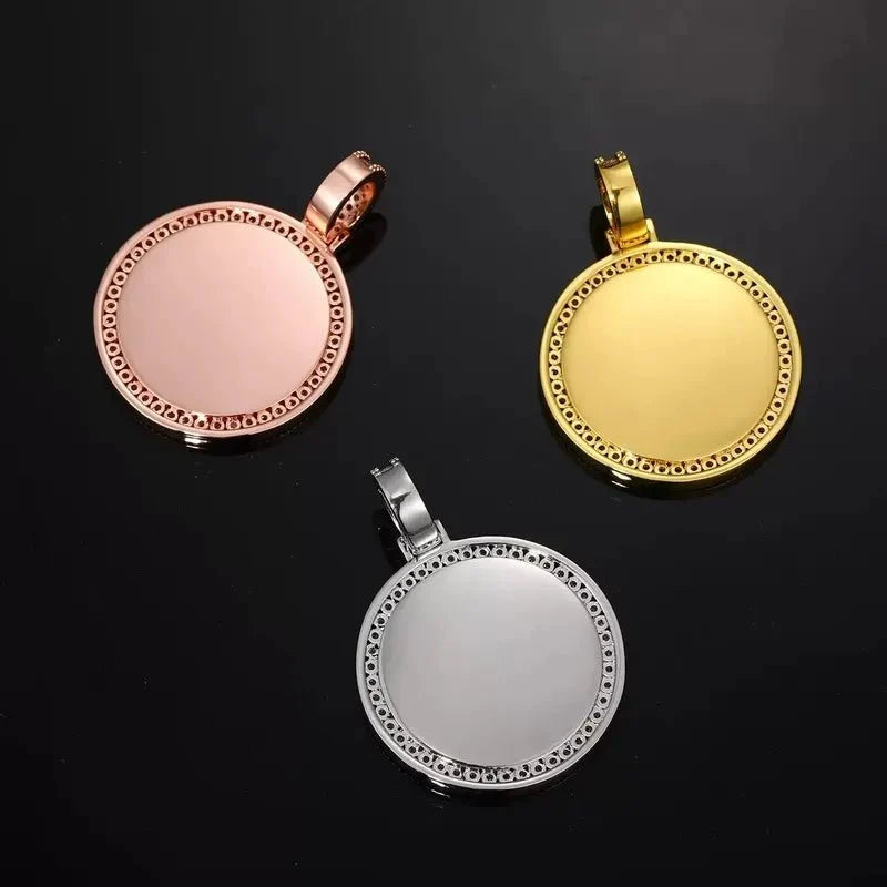 18k Gold Double Row Micro-Inlaid 3D Custom Photo Round Pendant - 40mm