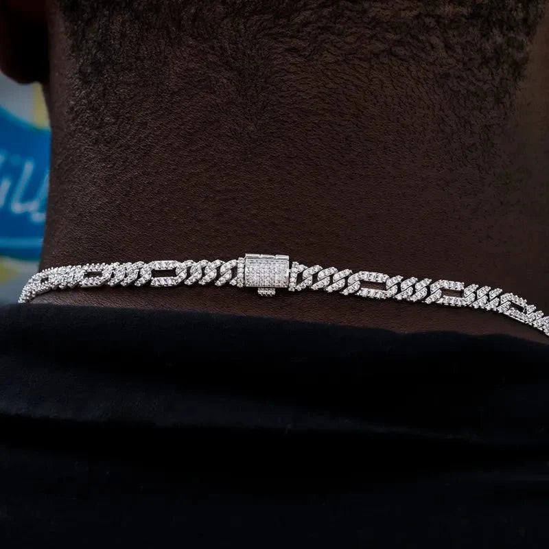 Iced Figaro Chain in White Gold- 6mm
