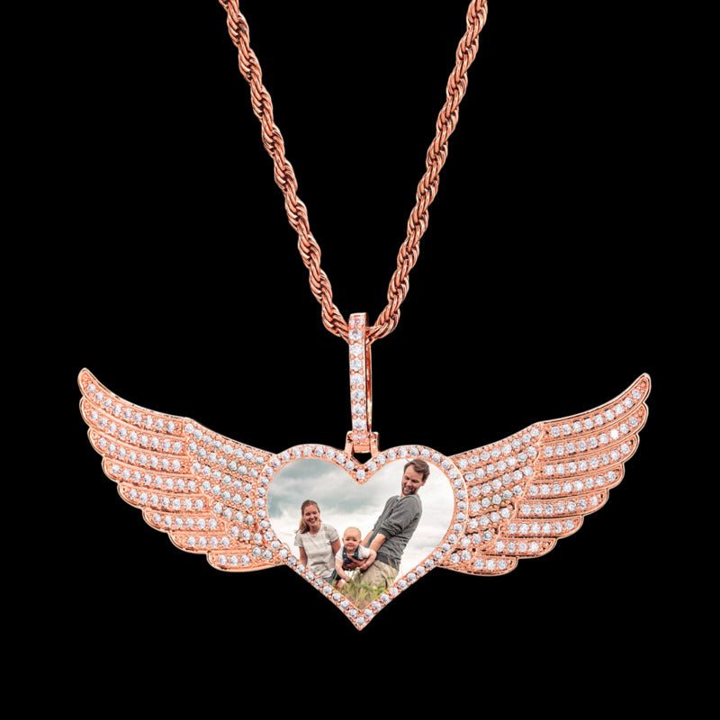 Iced Large Angel Wings Photo Custom Heart Pendant - 80mm