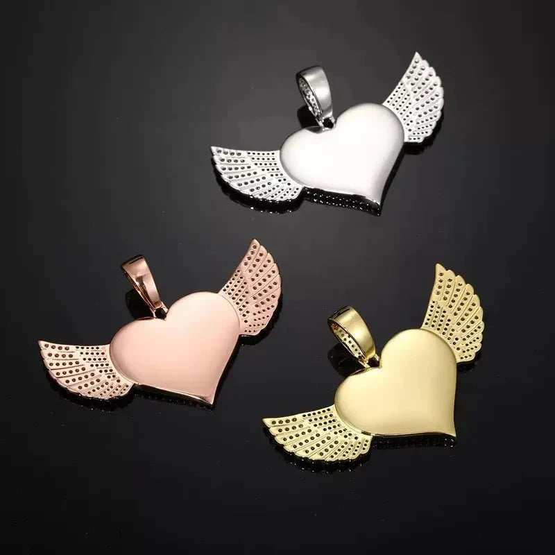 Micro-Inlaid Customized Photo Heart Wings Pendant in 18k Gold - 25mm