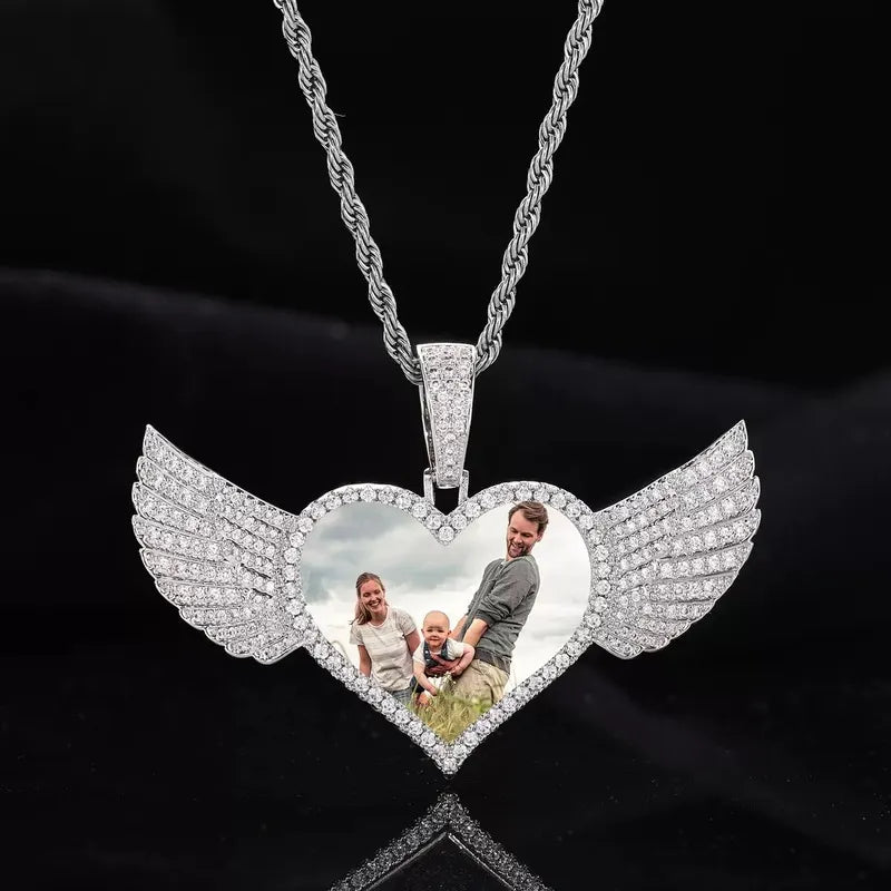 Micro-Inlaid Customized Photo Heart Wings Pendant in 18k Gold - 25mm