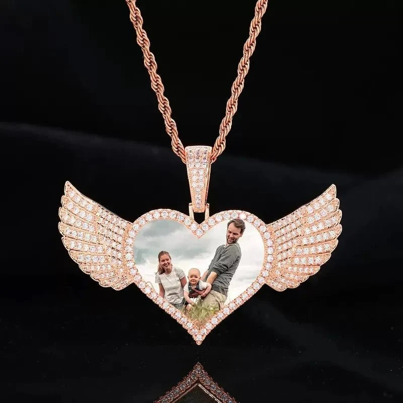 Micro-Inlaid Customized Photo Heart Wings Pendant in 18k Gold - 25mm