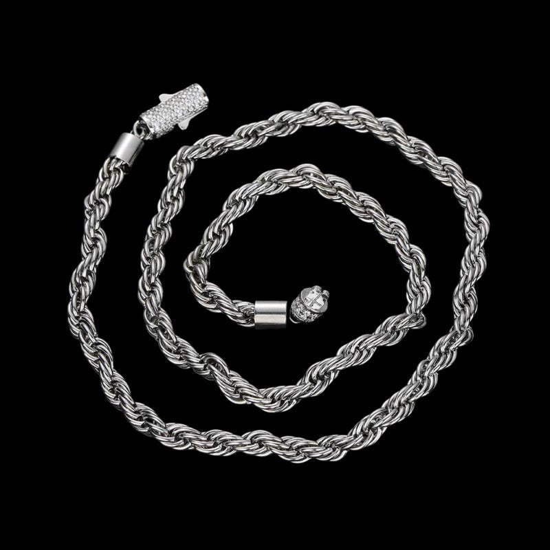 Rope Chain Iced Clasp in White Gold- 6mm