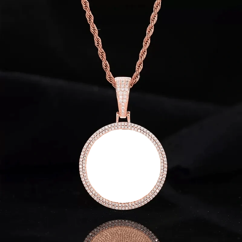 Rose Gold Custom Photo Double Row Micro-Pavé Round Pendant - 37mm
