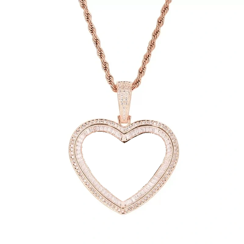 Rose Gold Custom Photo Heart T-Shaped Diamond Pendant - 42mm