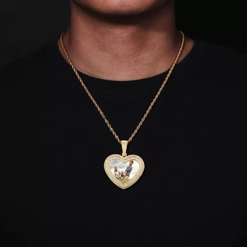 Rose Gold Custom Photo Heart T-Shaped Diamond Pendant - 42mm