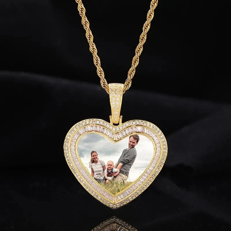 Rose Gold Custom Photo Heart T-Shaped Diamond Pendant - 42mm