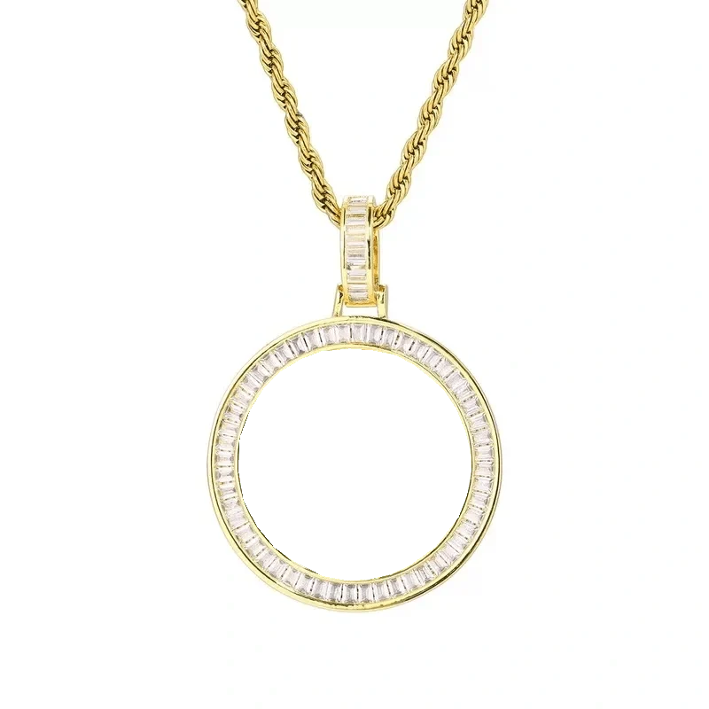 T-square Micro-inlaid Customized Photo Round Pendant in 18k Gold - 38mm