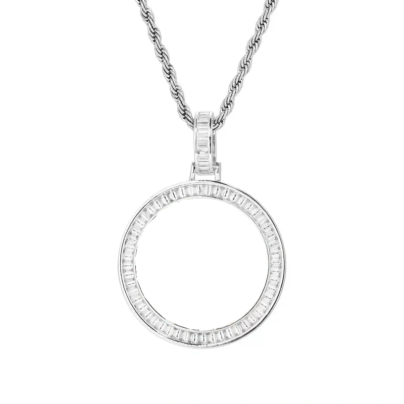 T-square Micro-inlaid Customized Photo Round Pendant in 14k Gold - 38mm