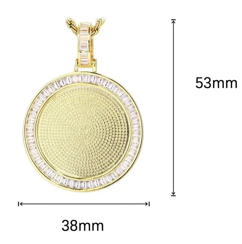 T-square Micro-inlaid Customized Photo Round Pendant in 14k Gold - 38mm