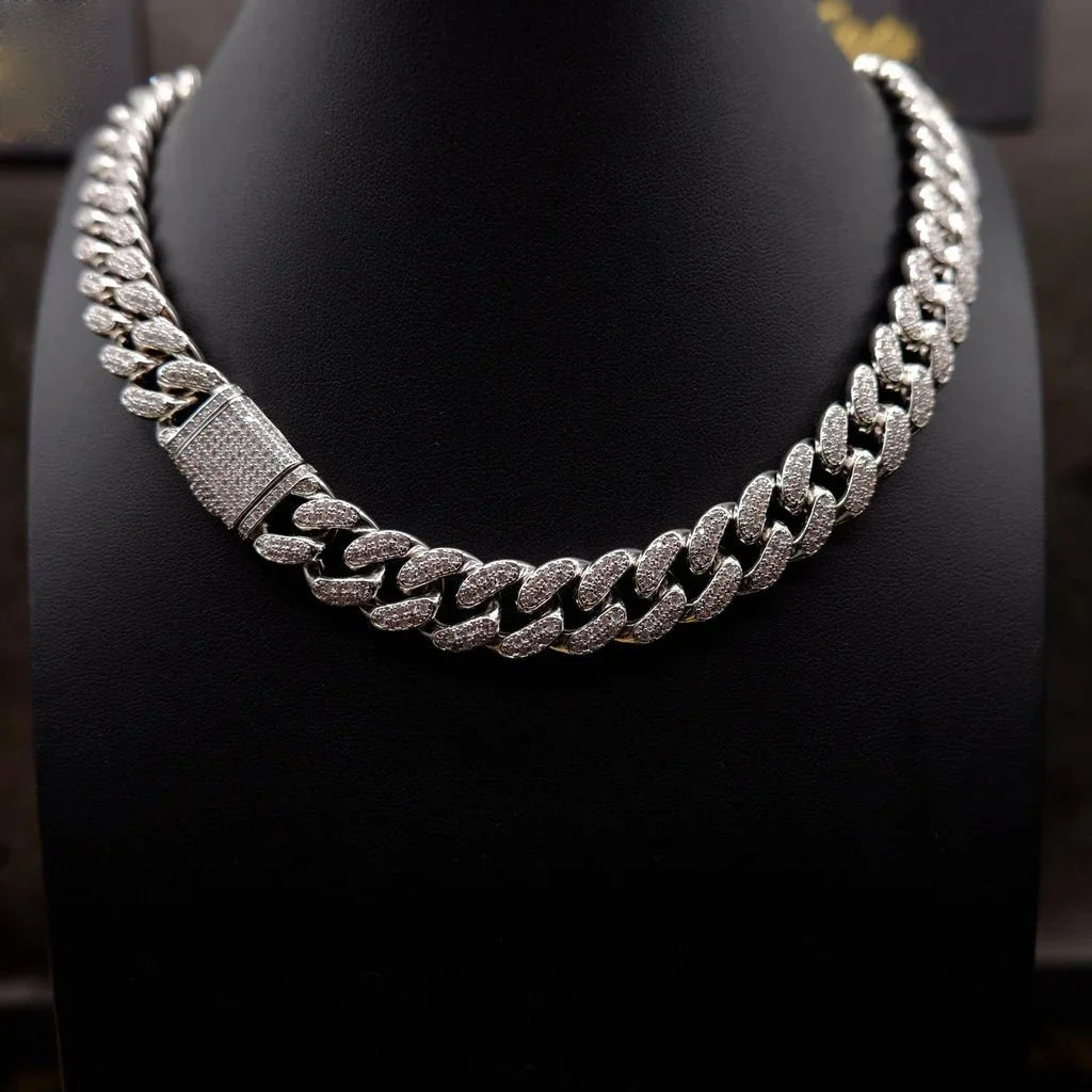 Buckle Iced Cuban Link Chain in White Gold - 14mm