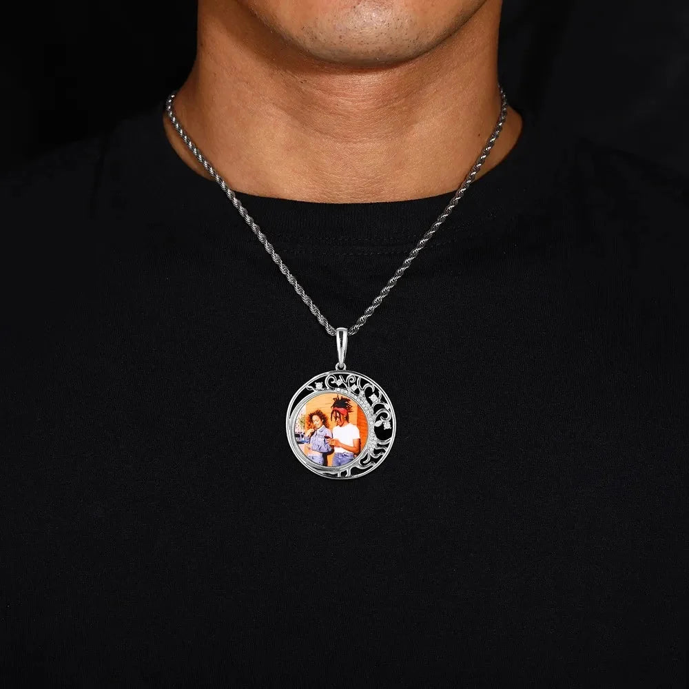 Crescent Moon Flower Memory Custom Photo Round Pendant - 42mm