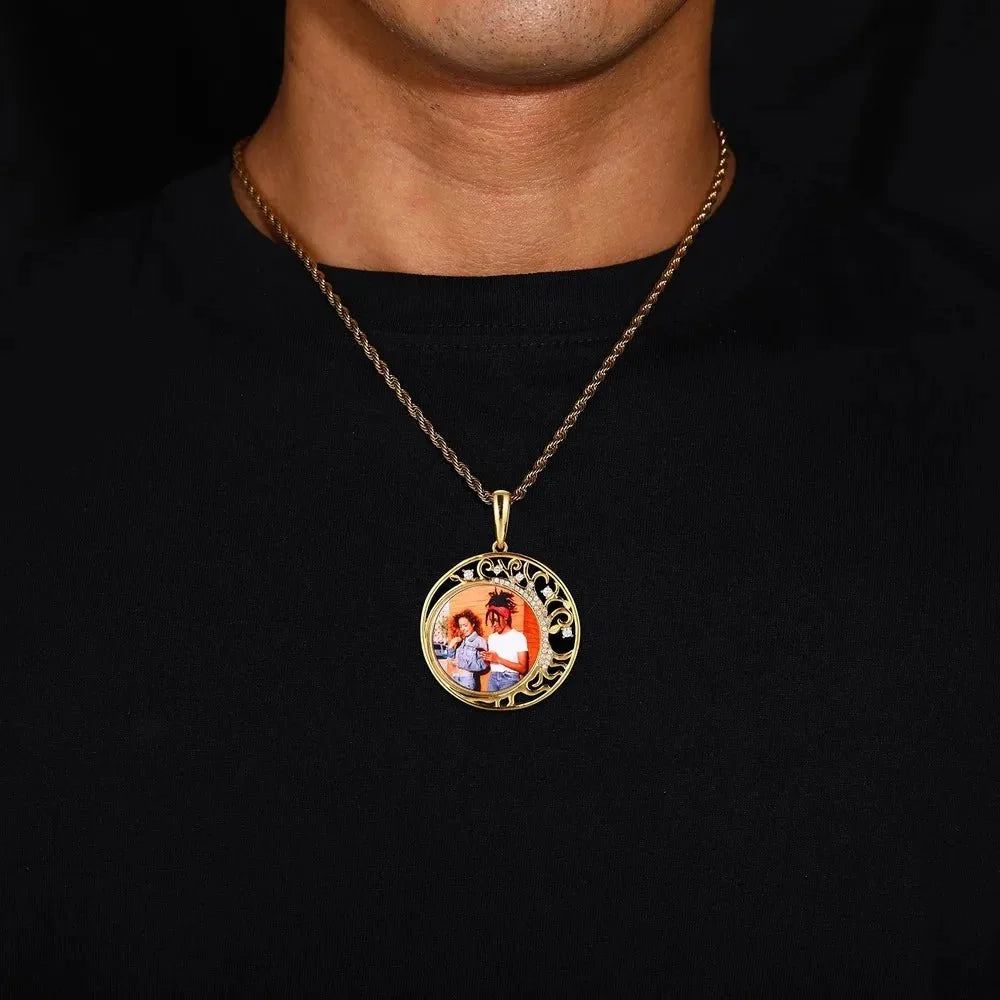 Crescent Moon Flower Memory Custom Photo Round Pendant - 42mm