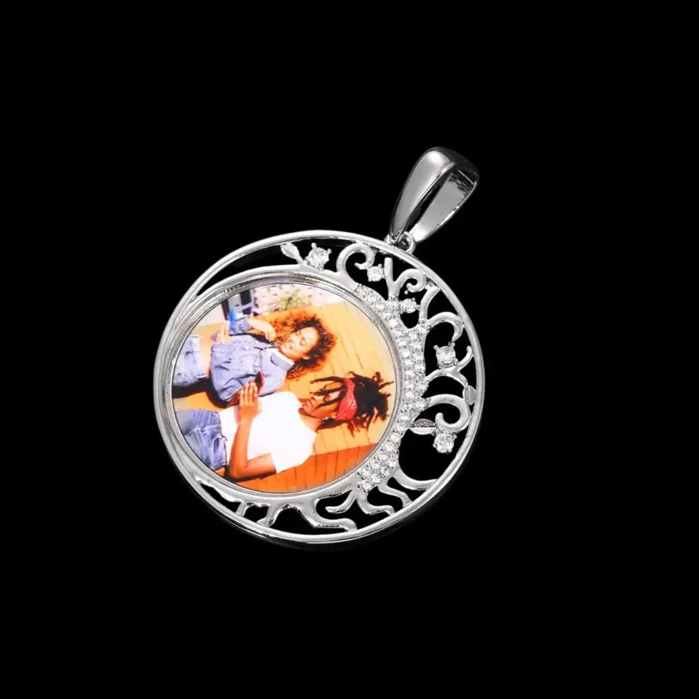 Crescent Moon Flower Memory Custom Photo Round Pendant - 42mm