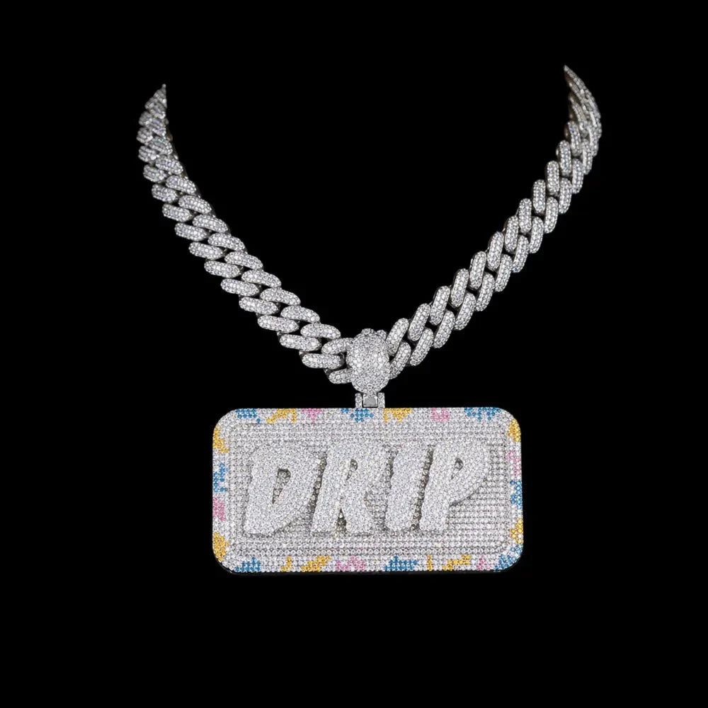 Custom Diamond-Set 3D Letter Colorful Rectangular Pendant – 80mm
