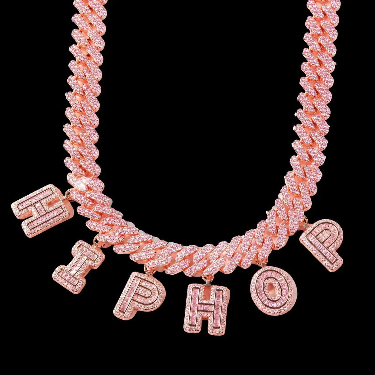 Custom Spliced-Letter Iced Cuban Chain in Rose Gold - 12mm