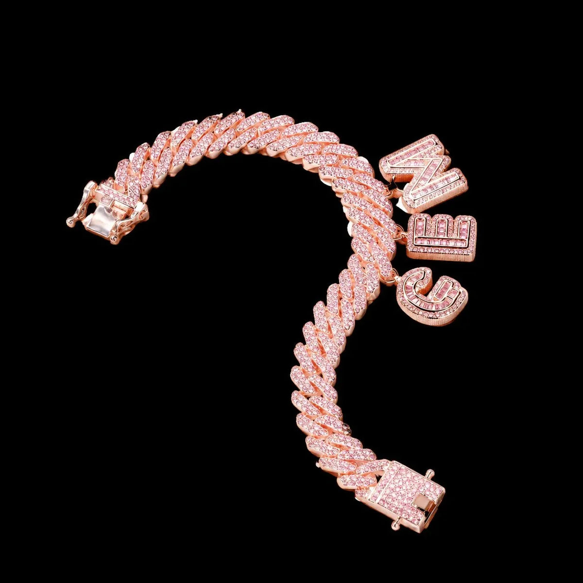 Custom Spliced-Letter Iced Cuban Chain in Rose Gold - 12mm