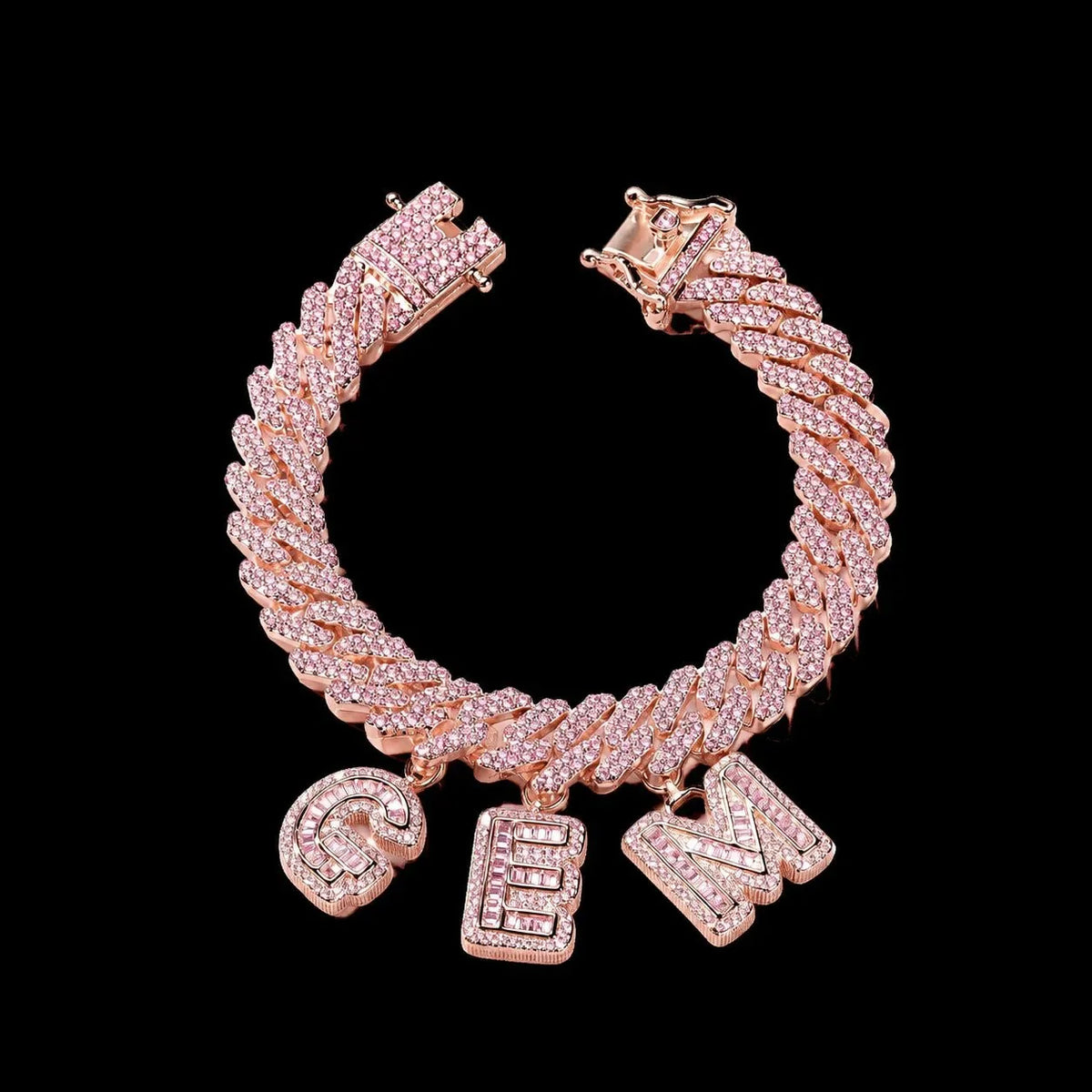 Custom Spliced-Letter Iced Cuban Chain in Rose Gold - 12mm