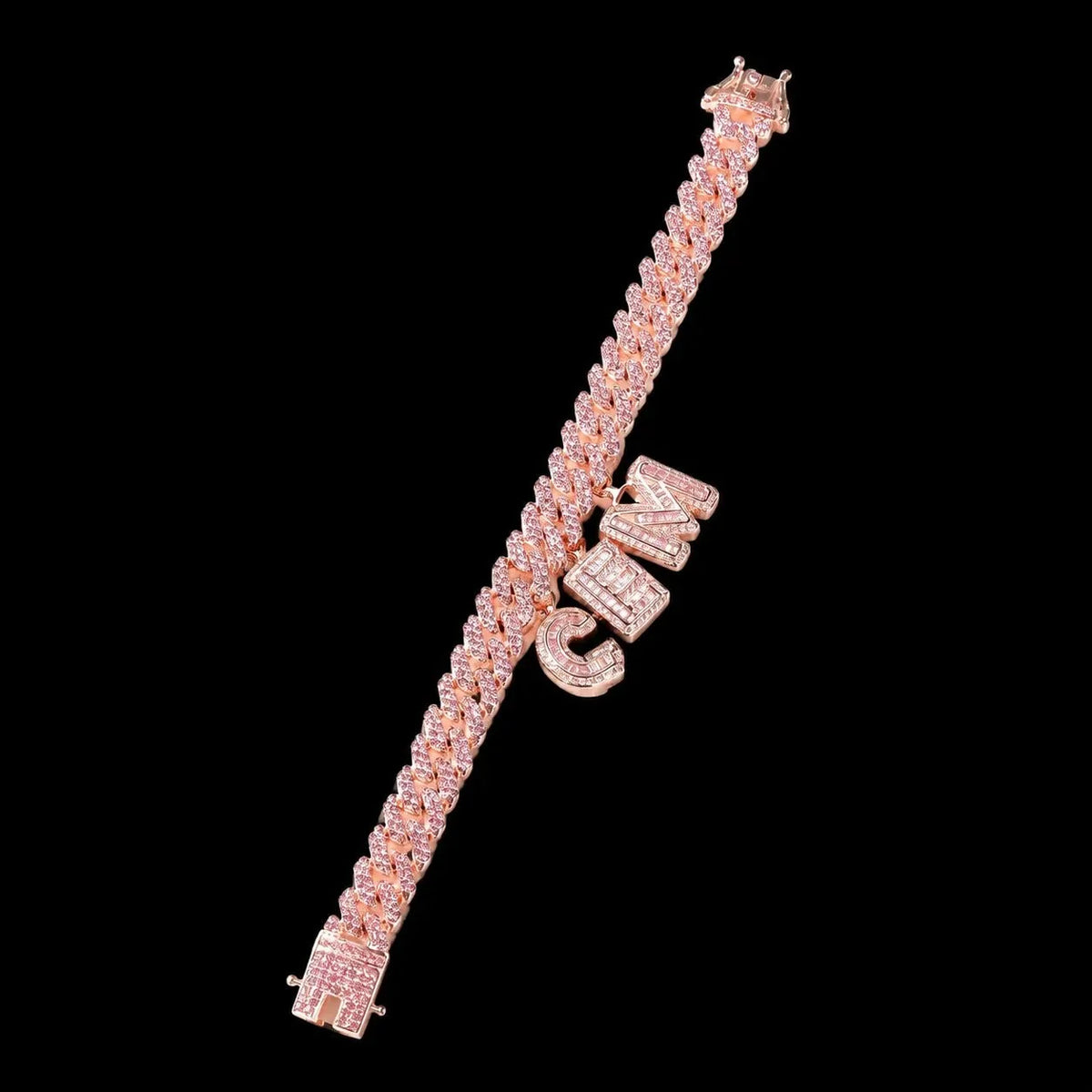 Custom Spliced-Letter Iced Cuban Chain in Rose Gold - 12mm