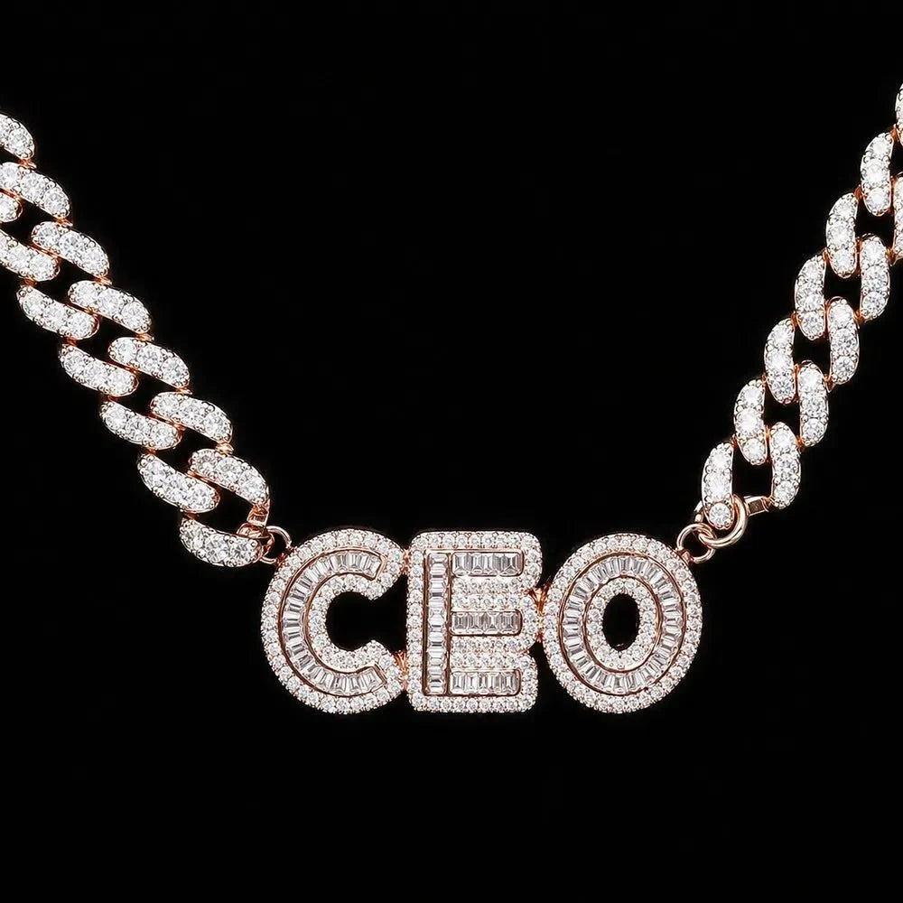 Custom Spliced-Letter Iced Cuban Chain in Yellow Gold - 9mm