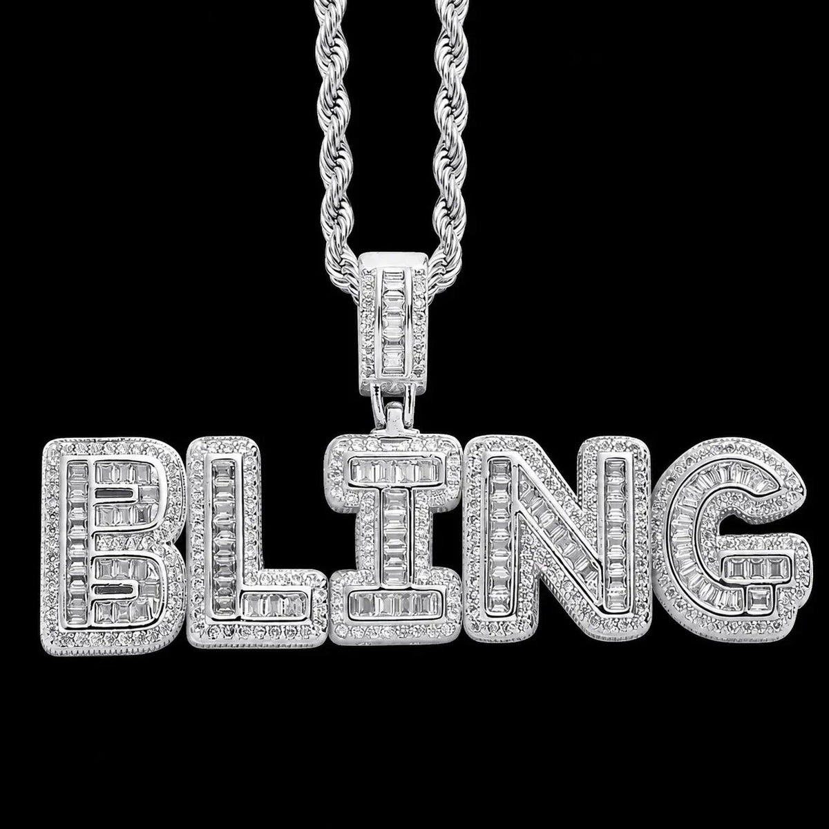 Custom Spliced-Letter Iced-Out Pendant in White Gold