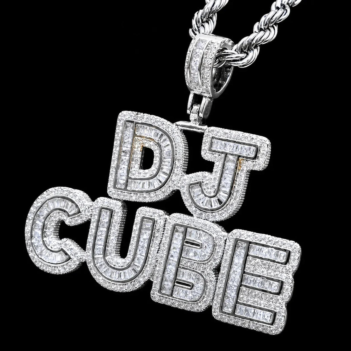 Custom Spliced-Letter Iced-Out Pendant in White Gold