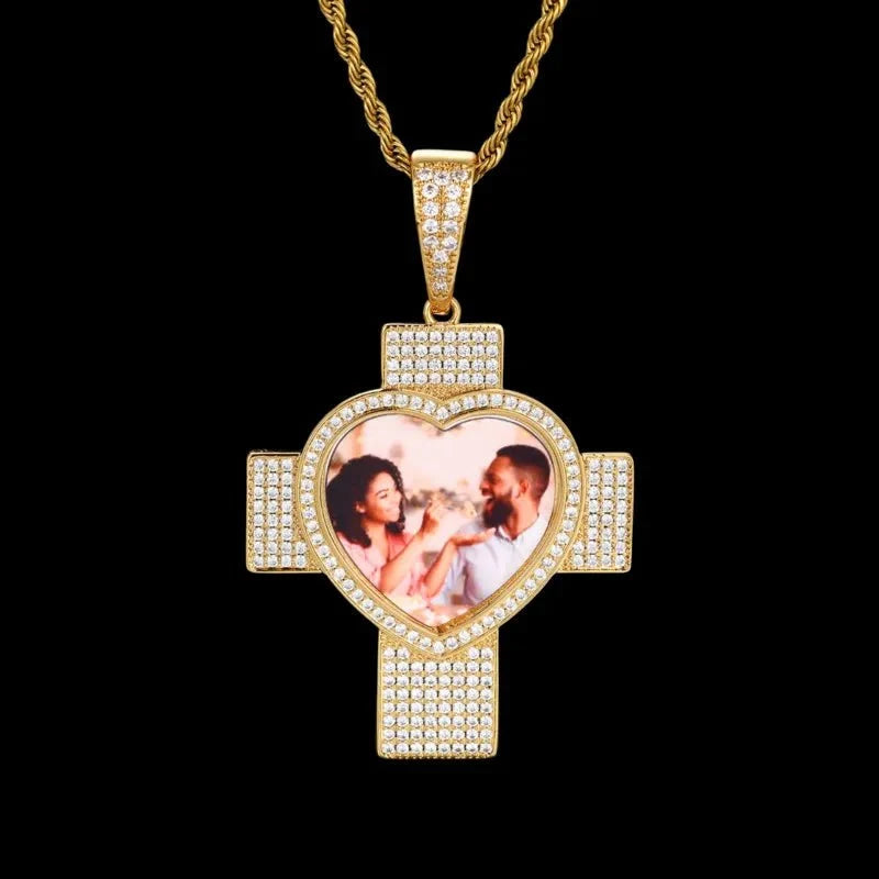 Customized 3D Heart Cross Photo Pendant - 48mm