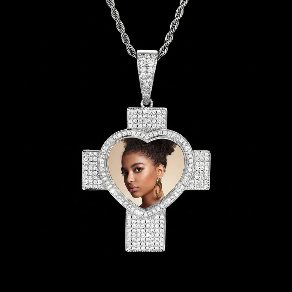 Customized 3D Heart Cross Photo Pendant - 48mm