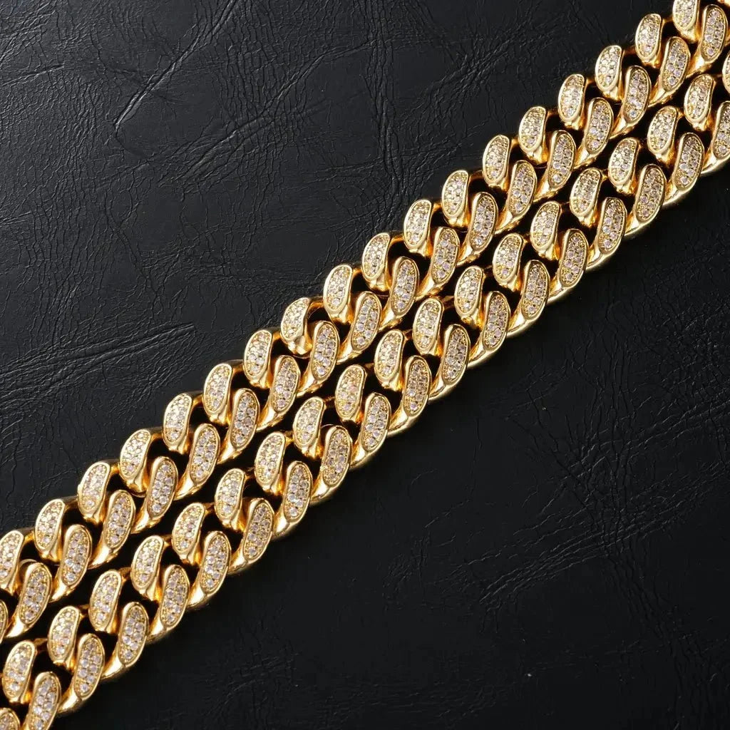 Diamond Iced Cuban Chain in Yellow Gold - 12mm