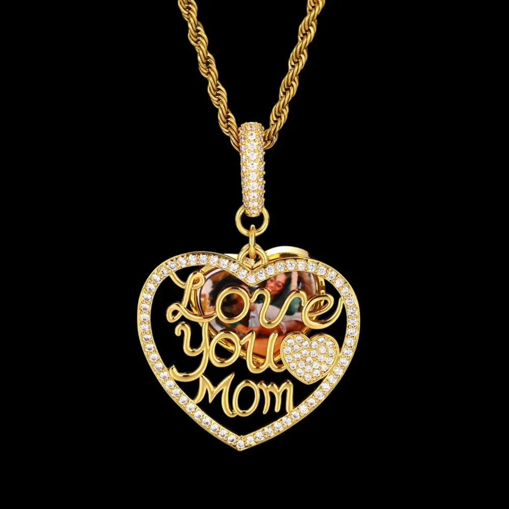 Engraved "LOVE YOU MOM" Memory Customized Photo Heart Pendant - 37mm