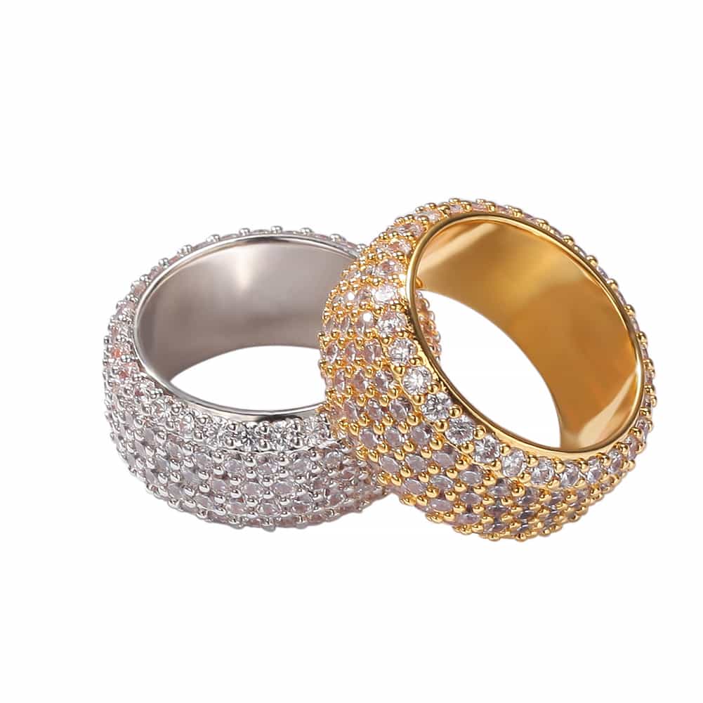 Five-Row Full Diamond Encrusted Hip-Hop Ring in 18K Gold Plating