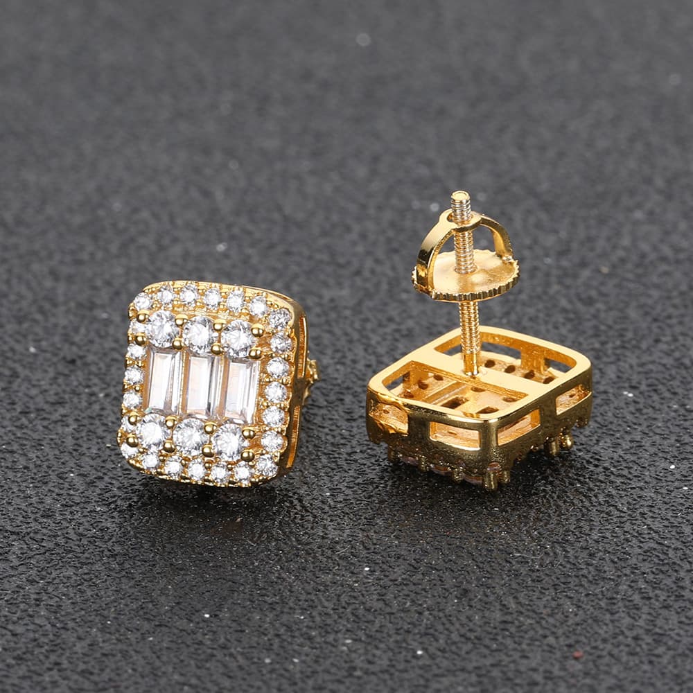 Gold-Plated Square T-Diamond Stud Earrings