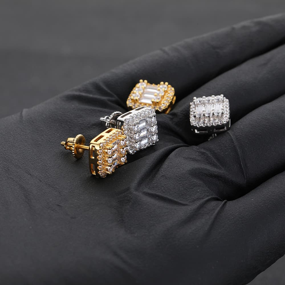 Gold-Plated Square T-Diamond Stud Earrings