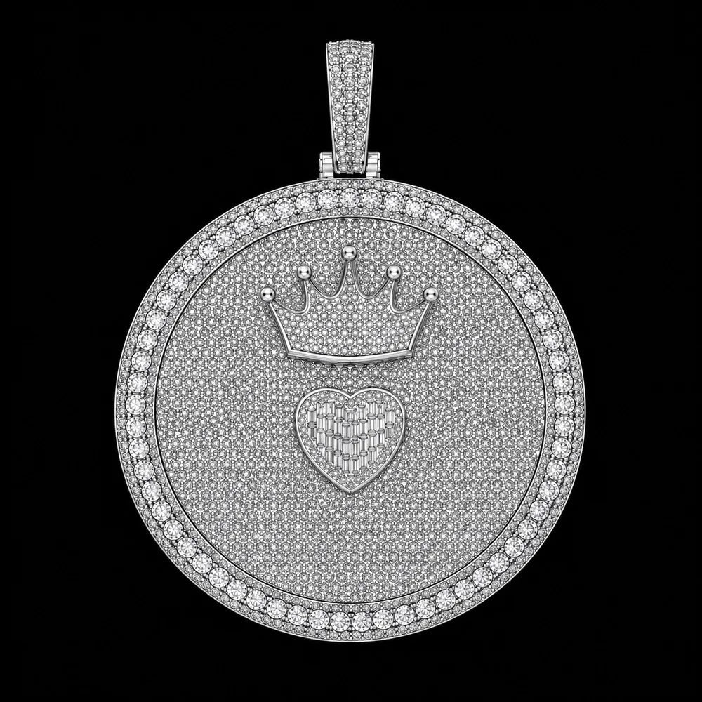 Iced-Out Crown & Heart Custom 3D Letter Large Round Pendant - 80mm