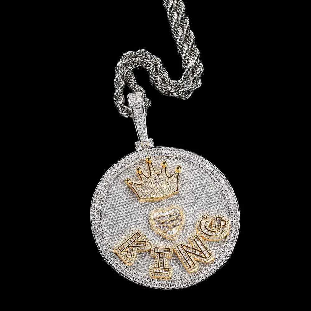 Iced-Out Crown & Heart Custom 3D Letter Large Round Pendant - 80mm