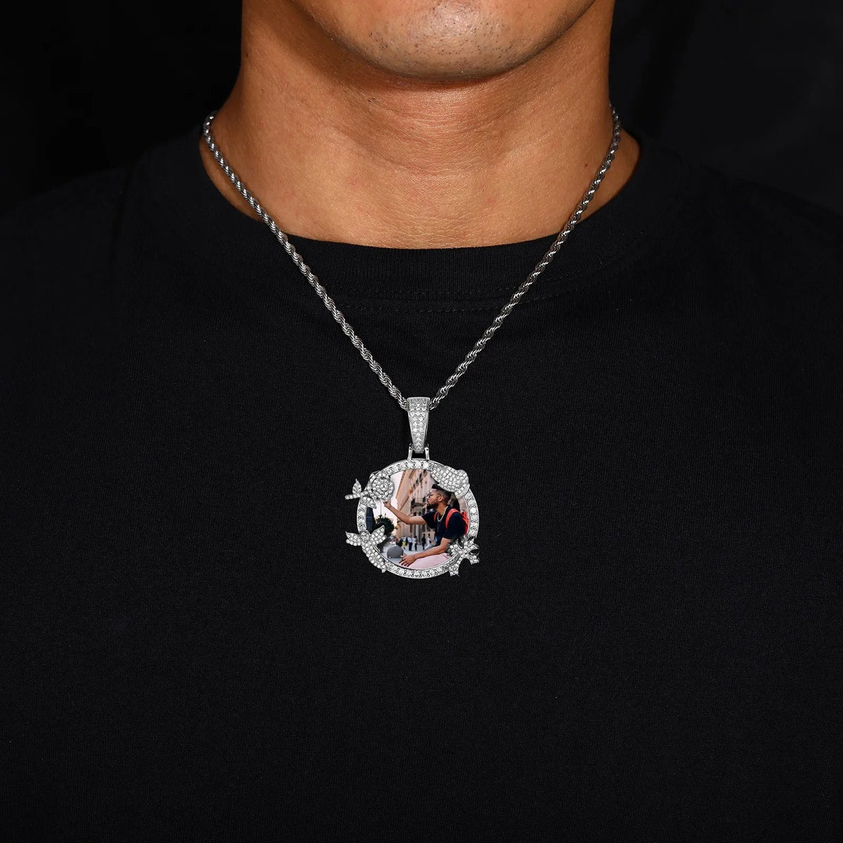 Rose, Angel, and Cross Round Solid Custom Photo Pendant - 45mm