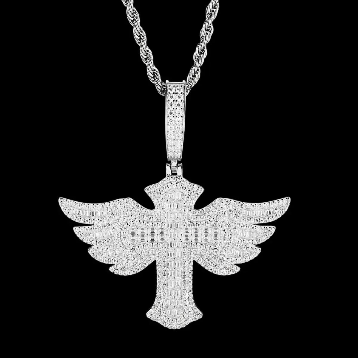 S925 & VVS Moissanite Angel Wings Cross Pendant - 55mm