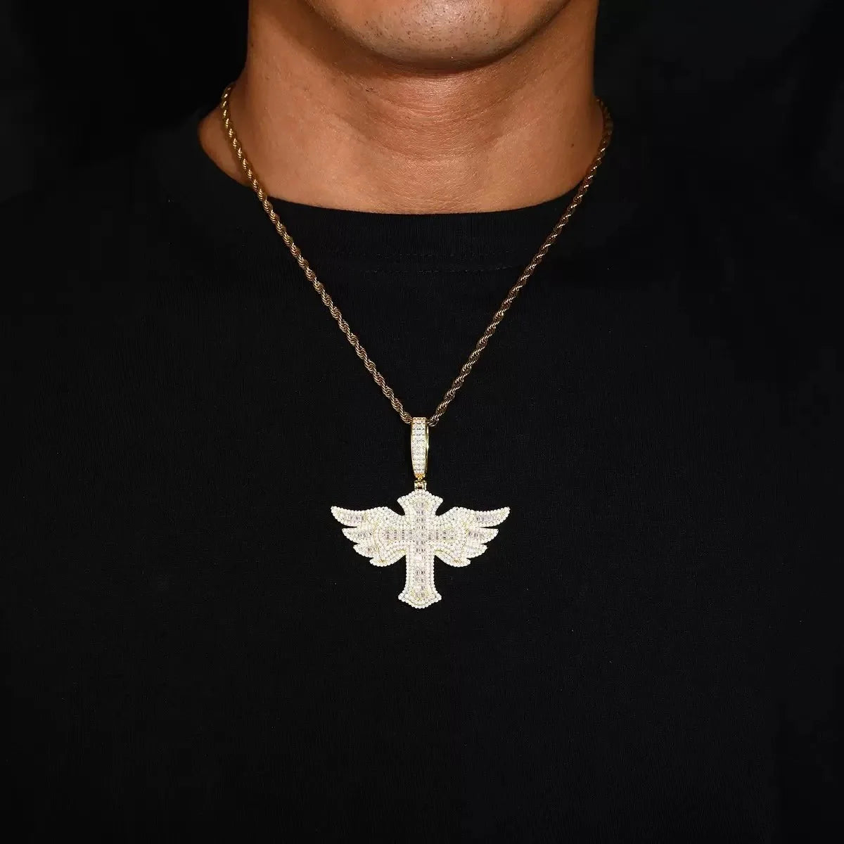 S925 & VVS Moissanite Angel Wings Cross Pendant - 55mm