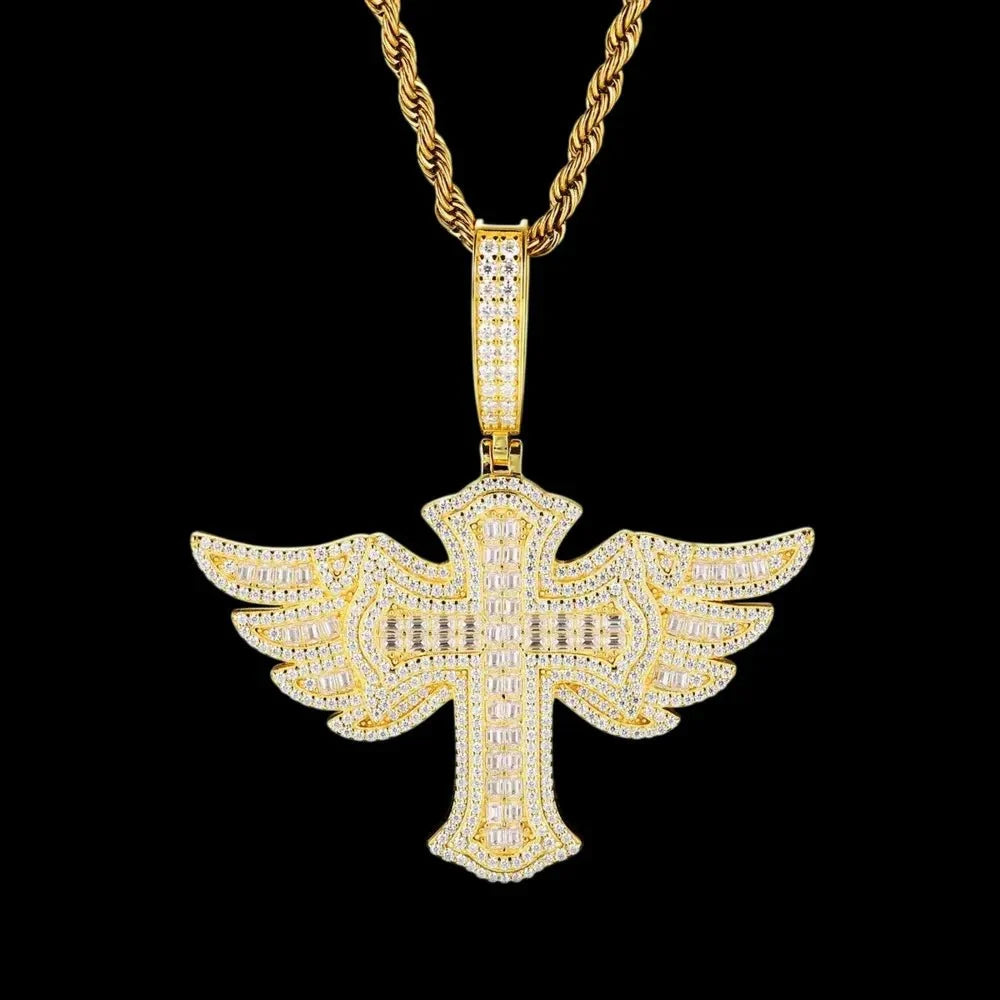 S925 & VVS Moissanite Angel Wings Cross Pendant - 55mm