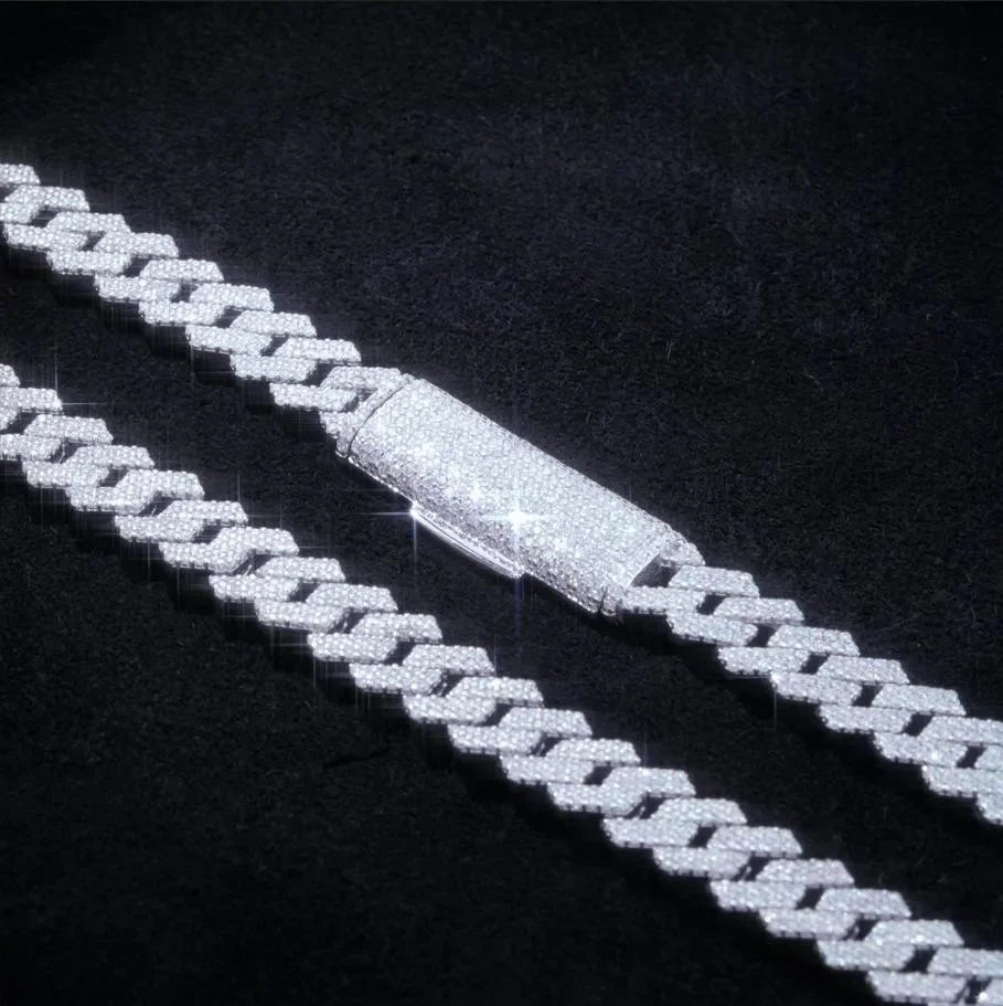 S925 & VVS Moissanite Two Row Prong Cuban Link Chain - 8mm