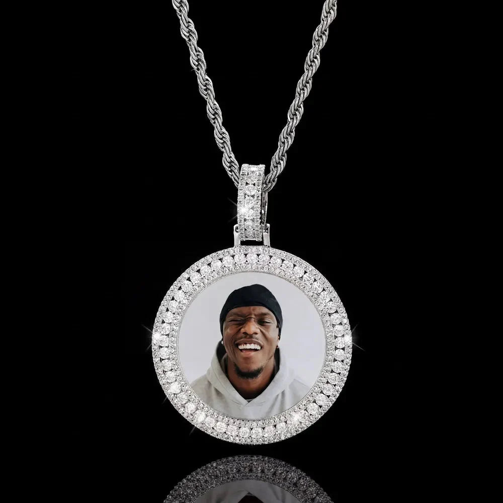 14k Gold Double Row Micro-Inlaid 3D Custom Photo Round Pendant - 40mm