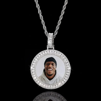 14k Gold Double Row Micro-Inlaid 3D Custom Photo Round Pendant - 40mm