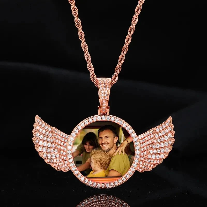 14k Gold Custom Photo Round Wing Pendant - 67mm