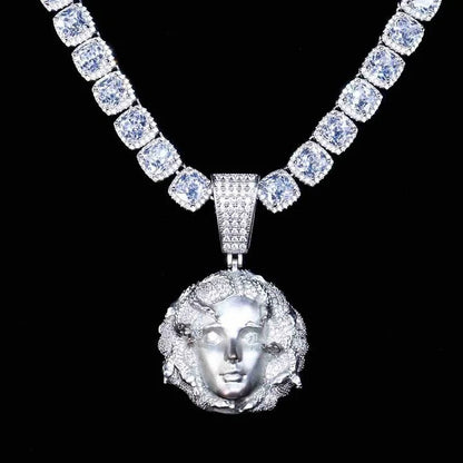 AURXYA Iced Queen Portrait Pendant with CZ Tennis Chain