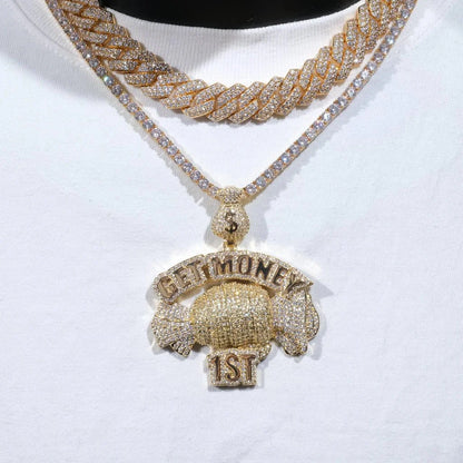 Get Money First Iced Necklace In 18k Gold