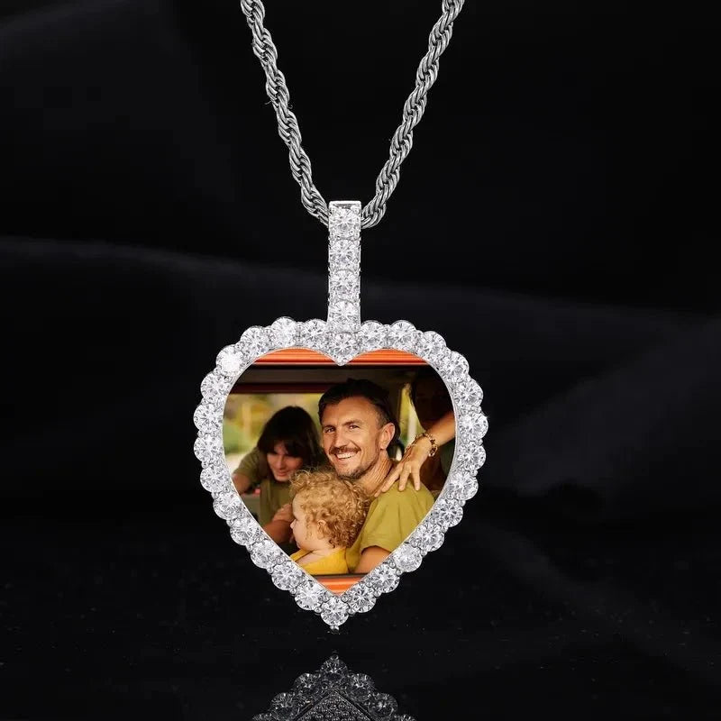 18K Gold Custom Photo Micro-Inlaid Heart Pendant - 40mm
