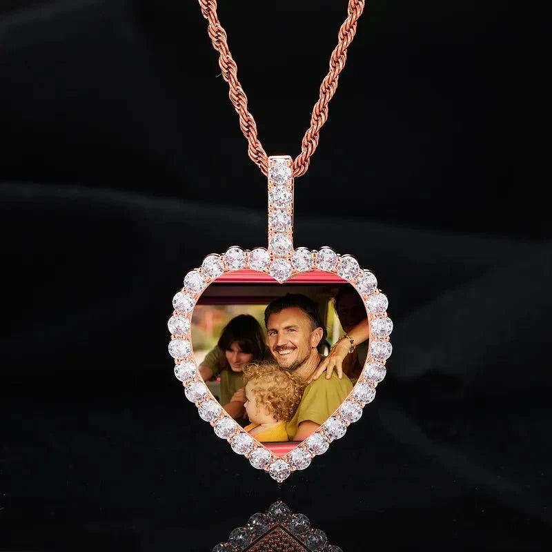18K Gold Custom Photo Micro-Inlaid Heart Pendant - 40mm