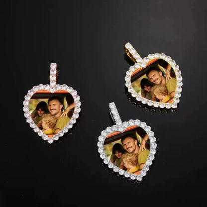 18K Gold Custom Photo Micro-Inlaid Heart Pendant - 40mm