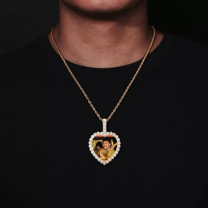 18K Gold Custom Photo Micro-Inlaid Heart Pendant - 40mm